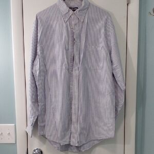 Lands' End Men's Blue and White Striped Button Down Shirt